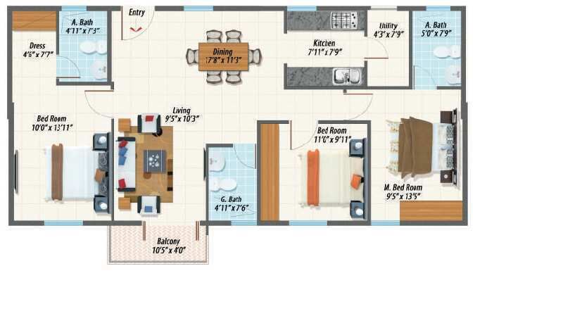 3 BHK Apartment 1399 Sq.ft. for Sale in Chandapura, Bangalore
