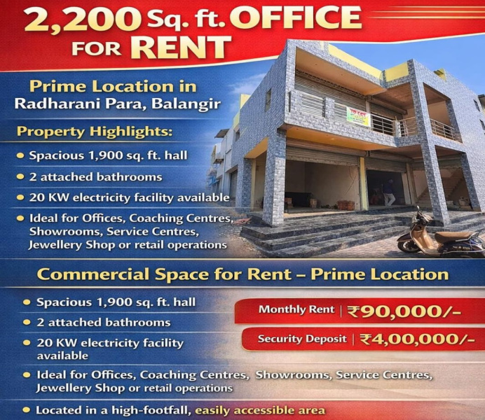  1900 Sq.ft. Office Space for Rent in Talpalipara, Balangir