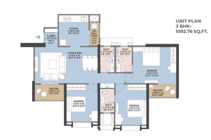 3 BHK Apartment 1093 Sq.ft. for Sale in Kharadi, Pune