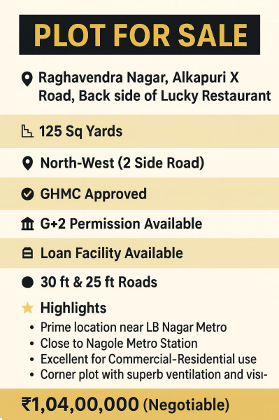  125 Sq. Yards Residential Plot for Sale in Sai Nagar, Nagole, Hyderabad