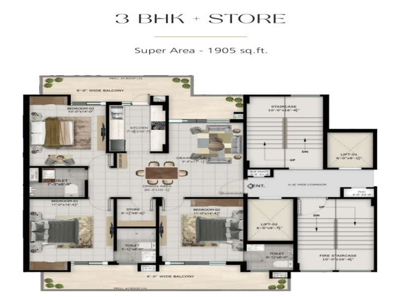 3 BHK 1905 Sq.ft. Apartment for Sale in Chandigarh Patiala Highway, Zirakpur